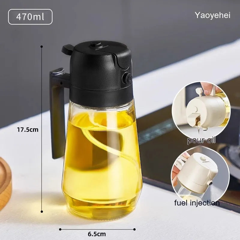 470ml glass oil sprayer dispenser with ergonomic handle in beige, black, green, or yellow colours
