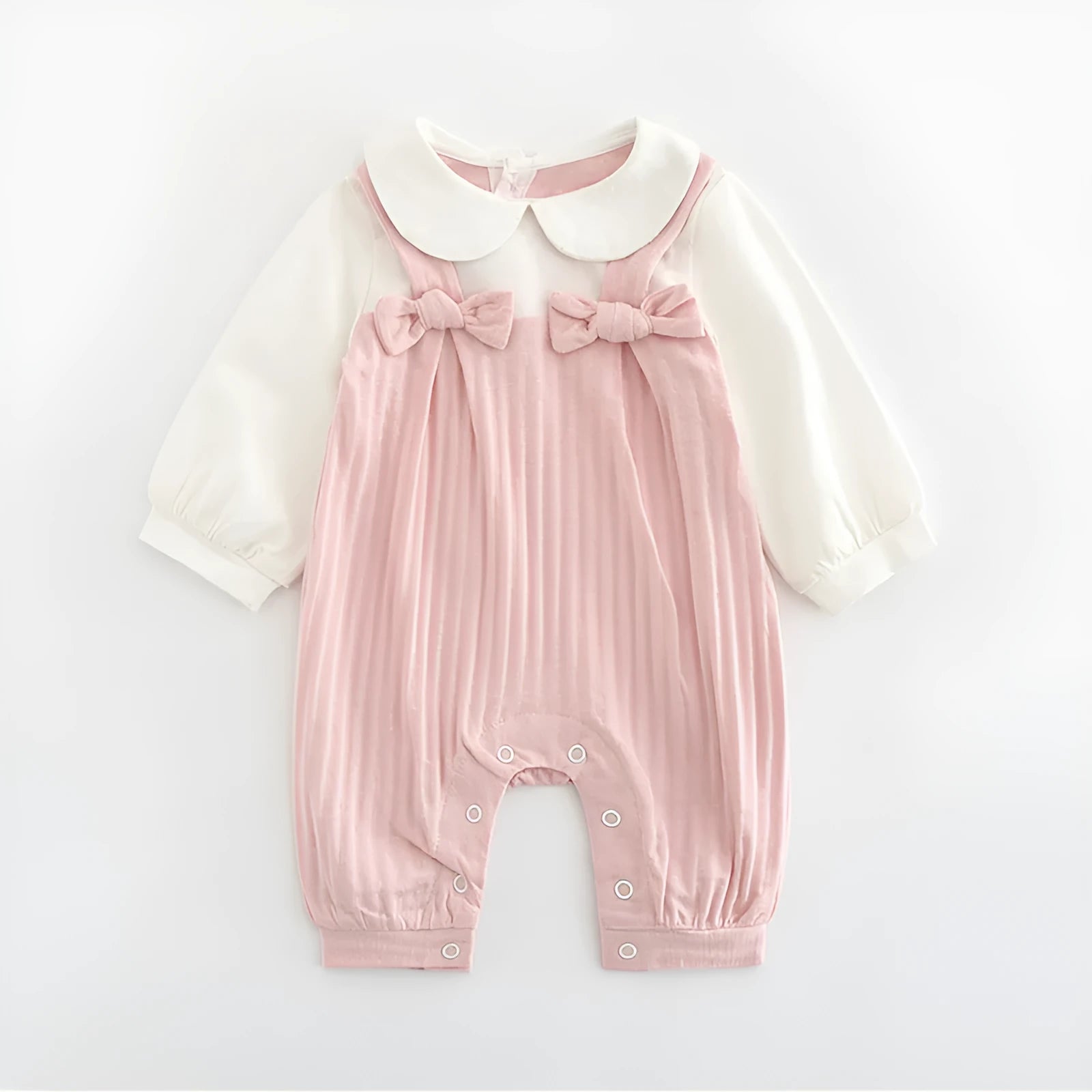 Pink 100% cotton embroidered jumpsuit for a baby girl, with long sleeves and single-breasted closure.