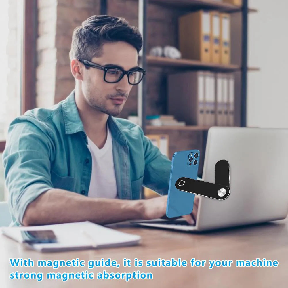 Aluminium laptop phone holder with magnetic mount attached to computer screen