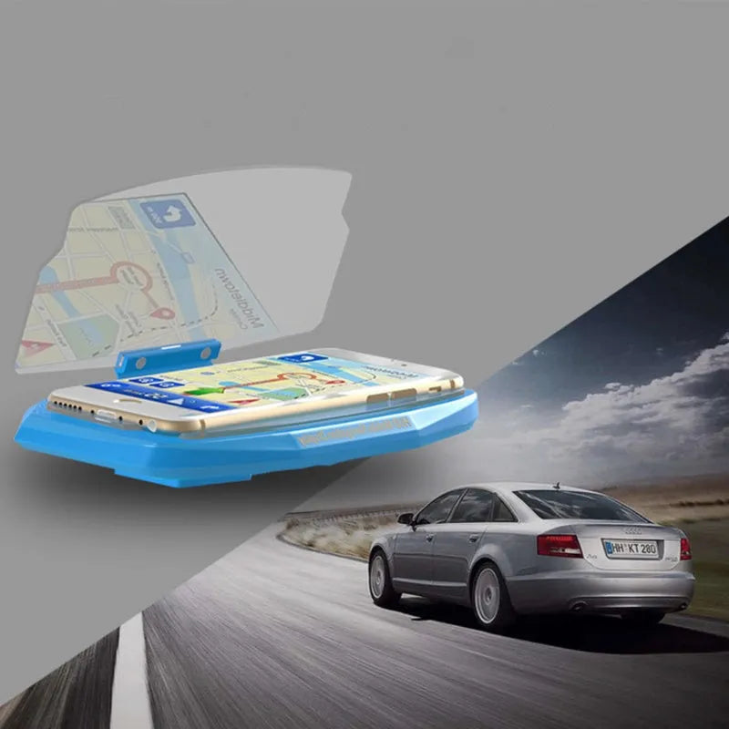 Black car HUD navigation bracket with reflective film and 3M adhesive feet on a dashboard