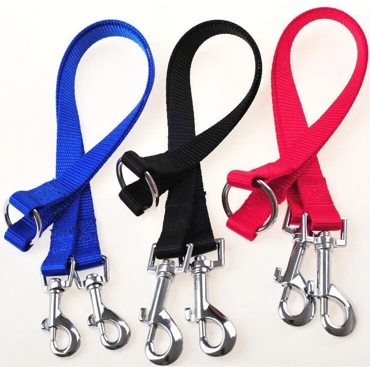 Nylon double dog lead coupler, 45cm long, in purple, red, blue, or black, sizes S M L
