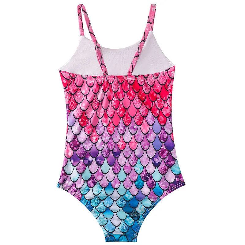 Girls' mermaid pattern one-piece swimsuit in briefs style for swimming and wading activities