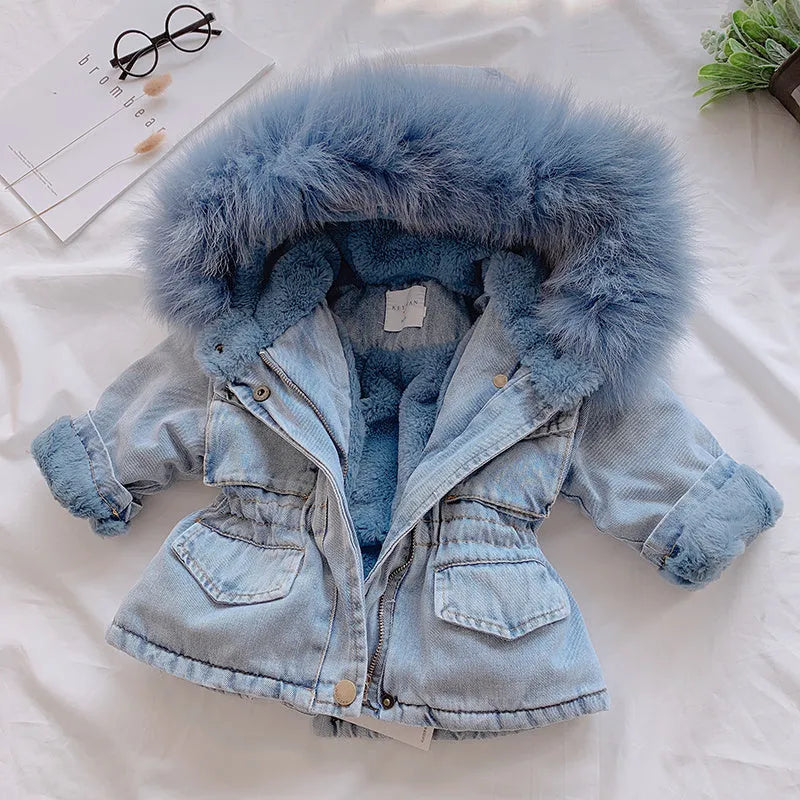 Blue denim coat for a girl with a non-removable hood and pink lining visible.