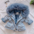Blue denim coat for a girl with a non-removable hood and pink lining visible.