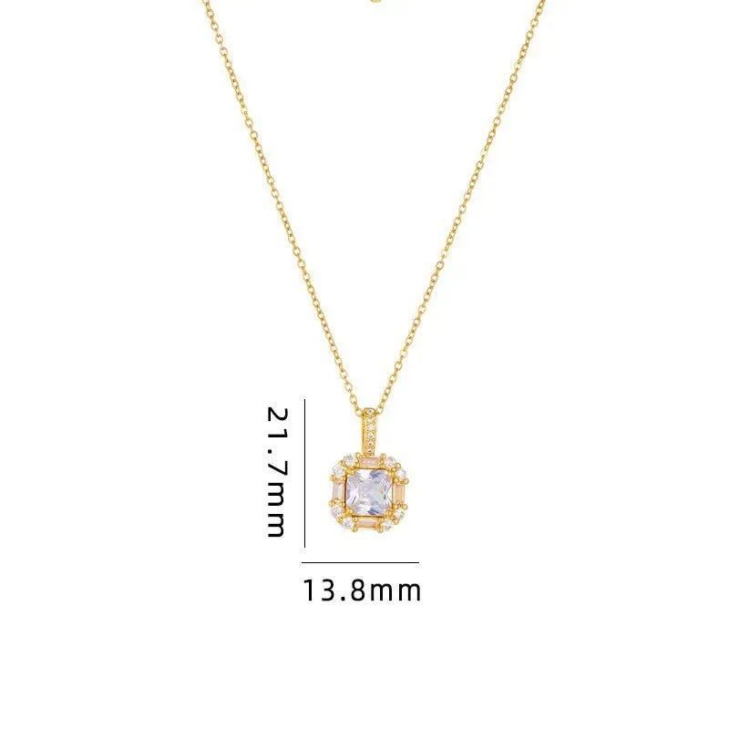 Women's gold geometric clavicle necklace with quadrilateral zircon pendant on water wave chain