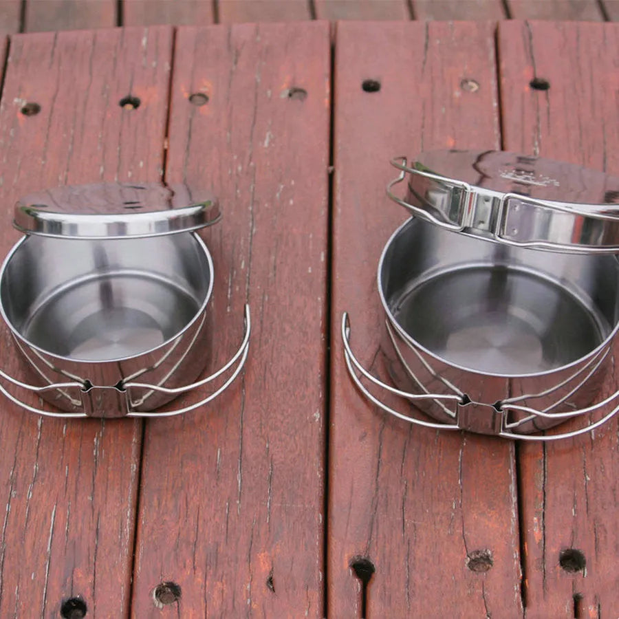 Silver stainless steel camping cookware set with split pots for 2-3 people outdoor cooking
