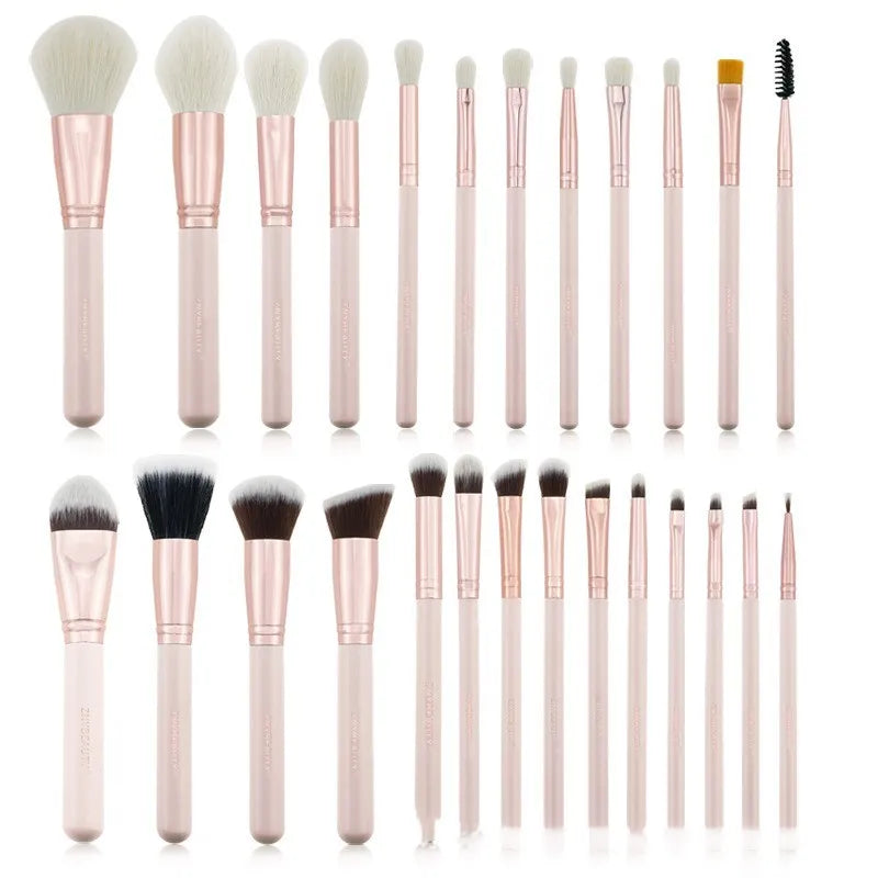 26-piece pink makeup brush set with wooden handles in PU storage case