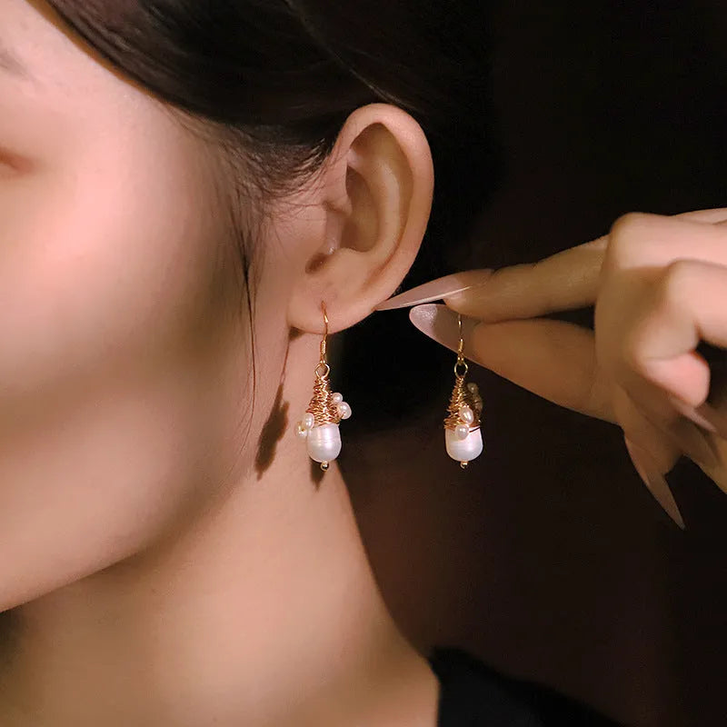Handmade natural pearl wire-wrapped earrings geometric design white colour for women
