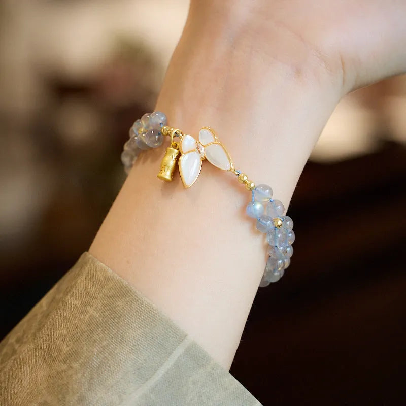 Grey moonstone woven bracelet with butterfly charm for women