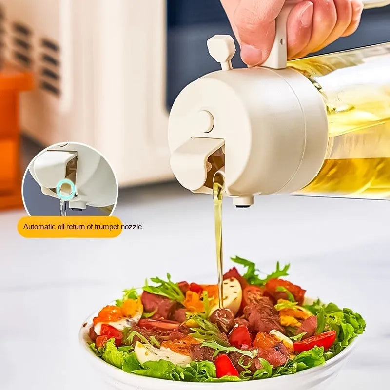 470ml glass oil sprayer dispenser with ergonomic handle in beige, black, green, or yellow colours