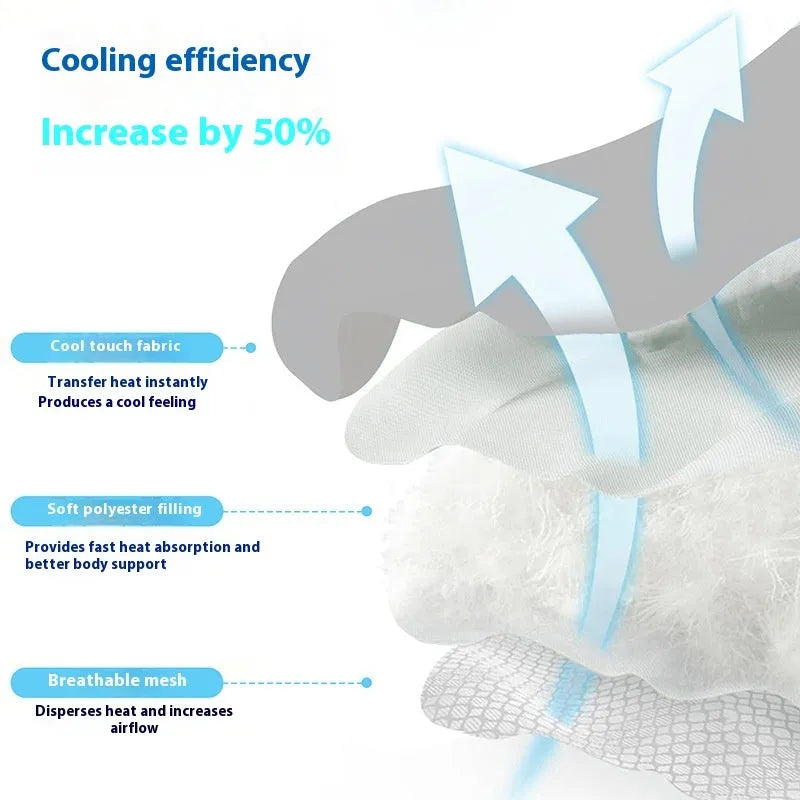 Light grey dog head shaped ice silk cooling mat for pets on a wooden floor.
