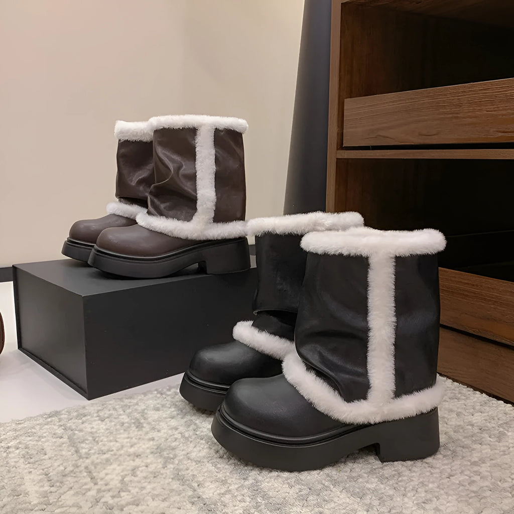 Women's winter faux fur lined short ankle booties with thick bottom and plush trim in black and brown