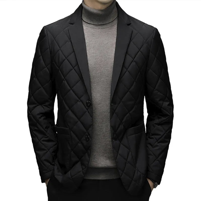 Men's black winter lapel jacket with cardigan style and side seam pockets