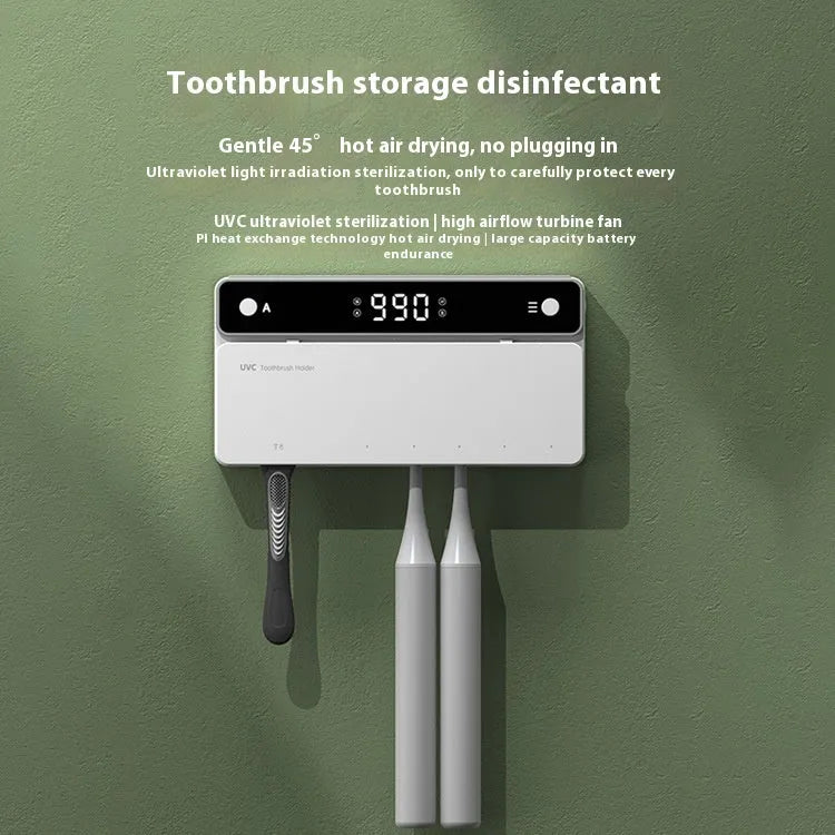 Black toothbrush sterilizer with UV disinfection and automatic drying, wall-mounted on tile with drill-free adhesive