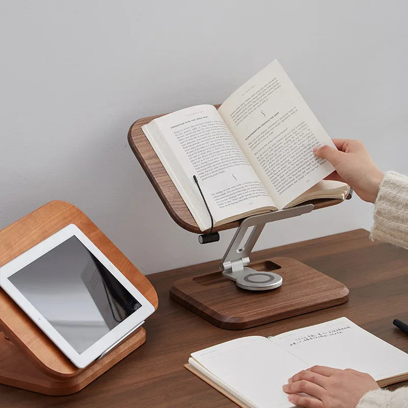 Solid wood adjustable reading rack in walnut colour holding a book on a table.