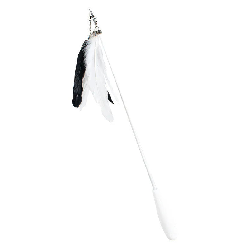 Telescopic cat fishing rod toy with goose feather teaser and removable bell, showing extended and collapsed positions