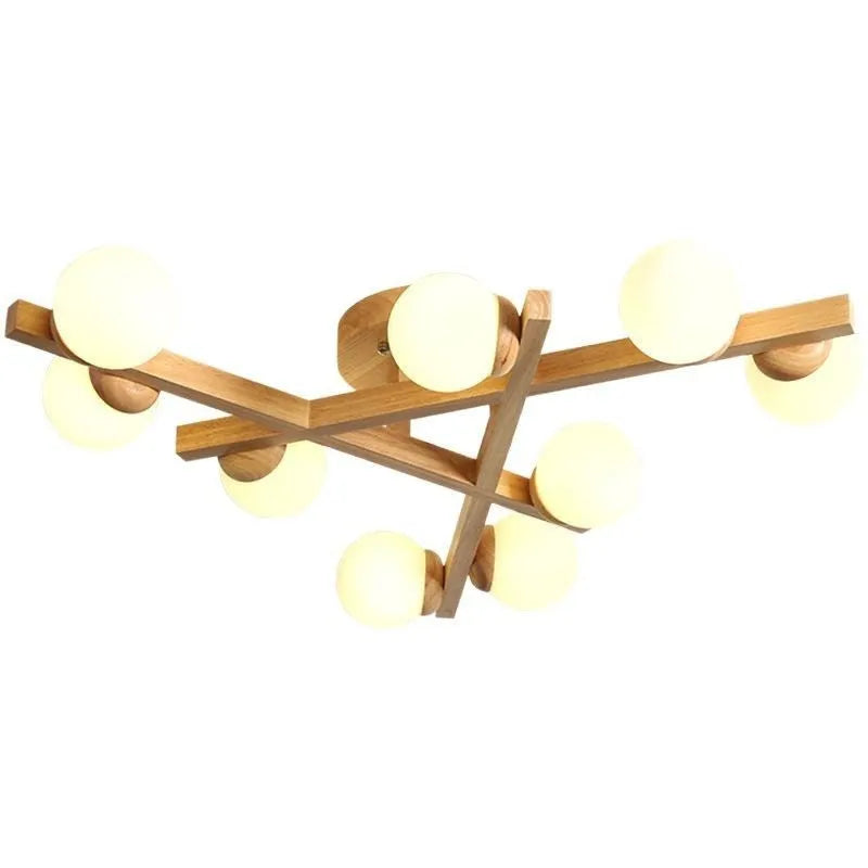 Wooden style modern Nordic ceiling light fixture with three neutral light heads