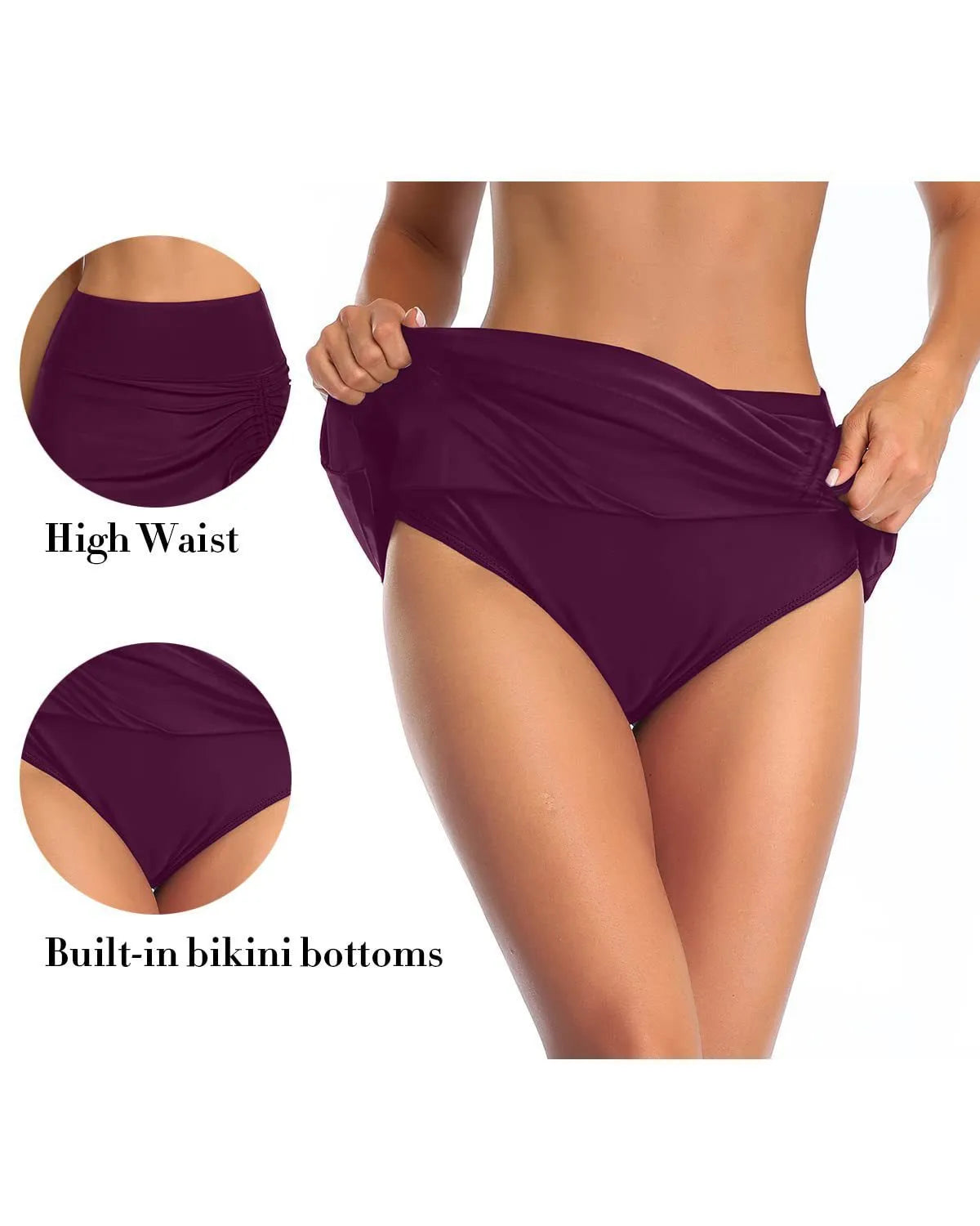 Women's solid colour swimming trunks with lace detailing in grey, shown on a hanger.
