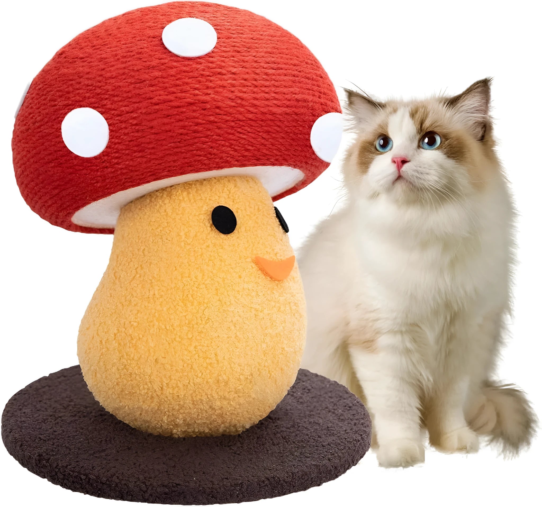 Round mushroom-shaped cardboard cat scratcher with accordion folds, shown as a flat board and formed into a lounge.