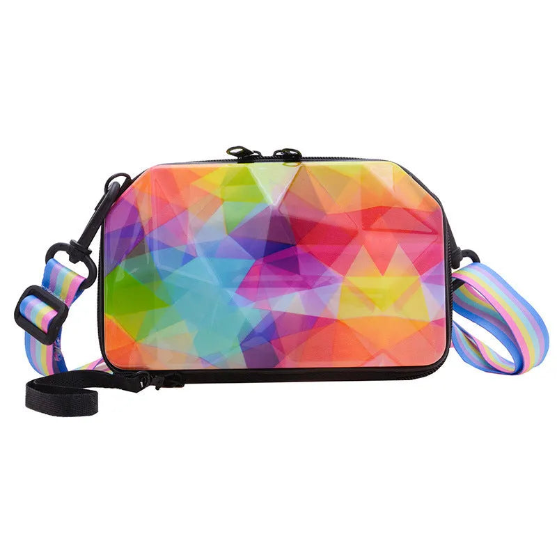 PVC one-shoulder cross body bag with geometric pattern, 18cm wide, 11cm high, 110cm strap, no lining