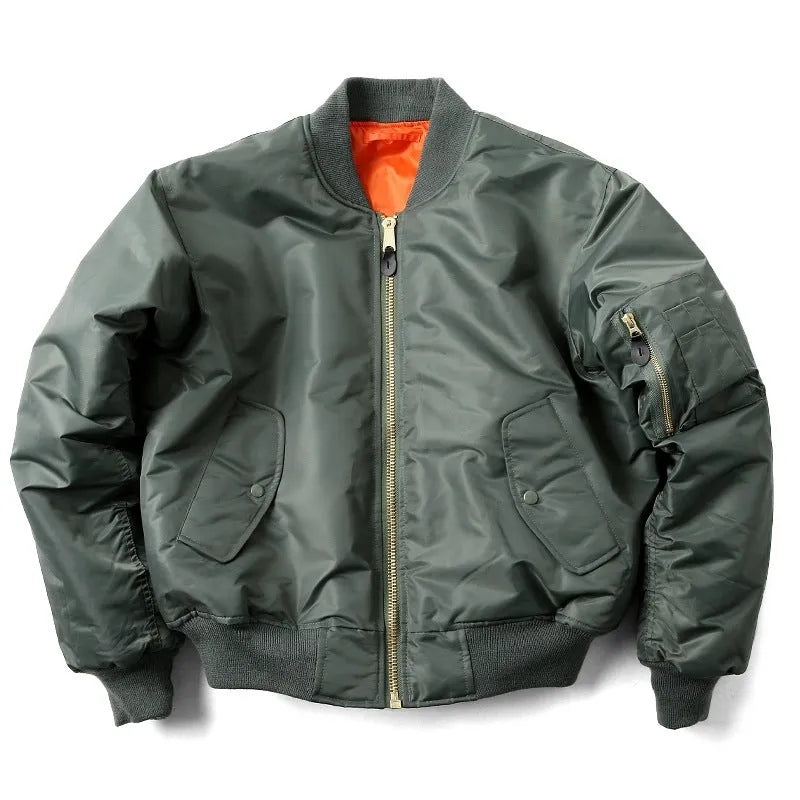 Men's loose-fit cotton-padded pilot jacket in nylon, shown in Army Green colour.