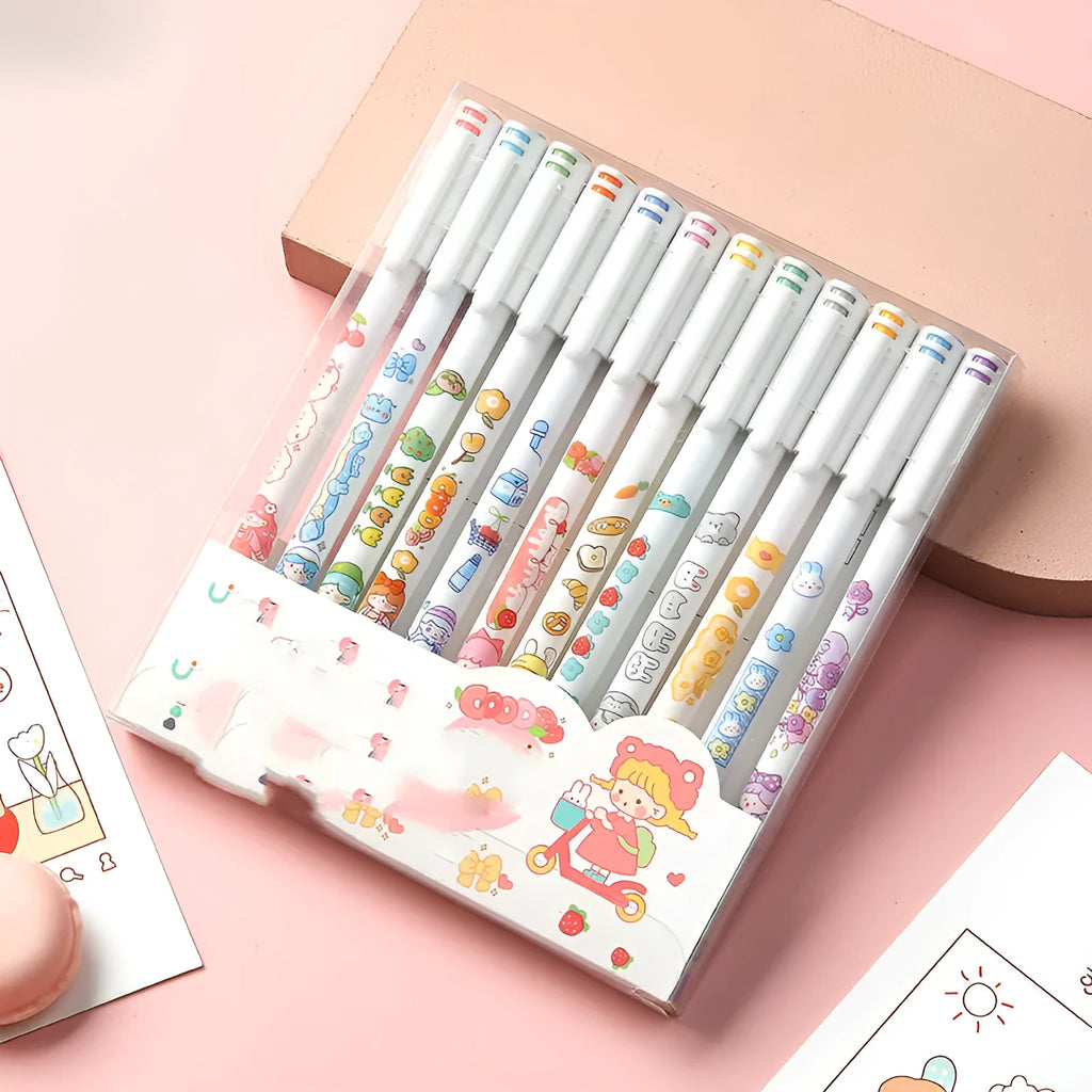 Set of twelve cartoon-themed 0.5mm coloured gel pens for hand accounting and office use.