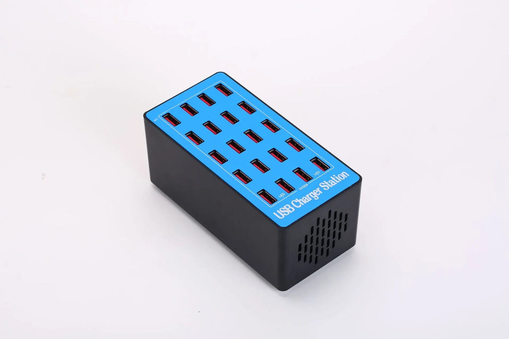 Blue 20-port USB charging station with PC ABS fire retardant housing and 100W total output