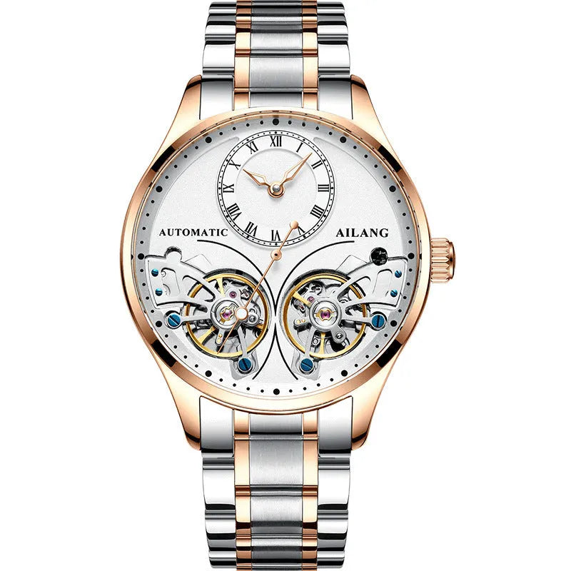 Men's automatic watch with tourbillon and moon phase on a metal case with a black dial.