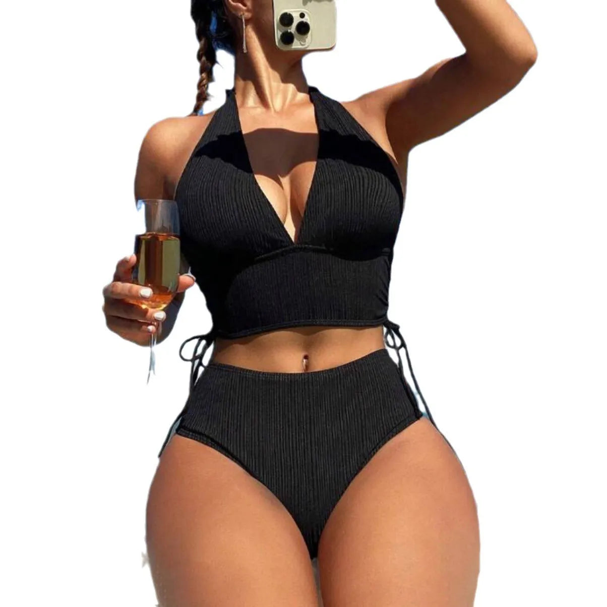 Black women's halter bikini with lace-up front detail and matching briefs.