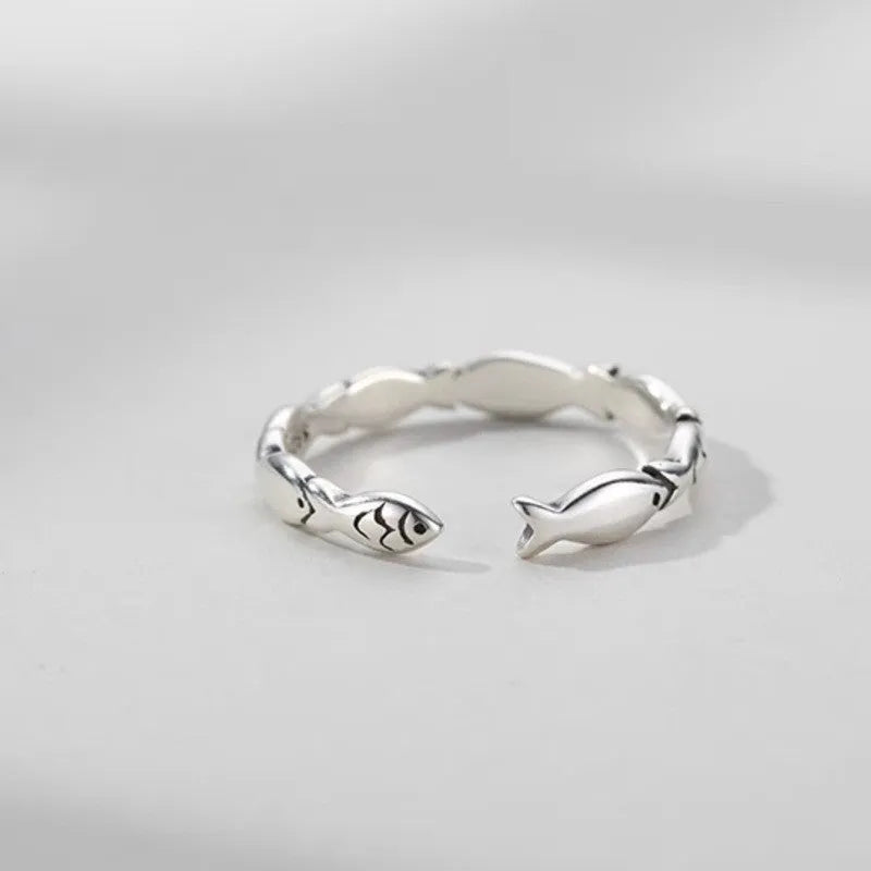 Women's adjustable S925 sterling silver ring featuring a vintage fish (carp) design.