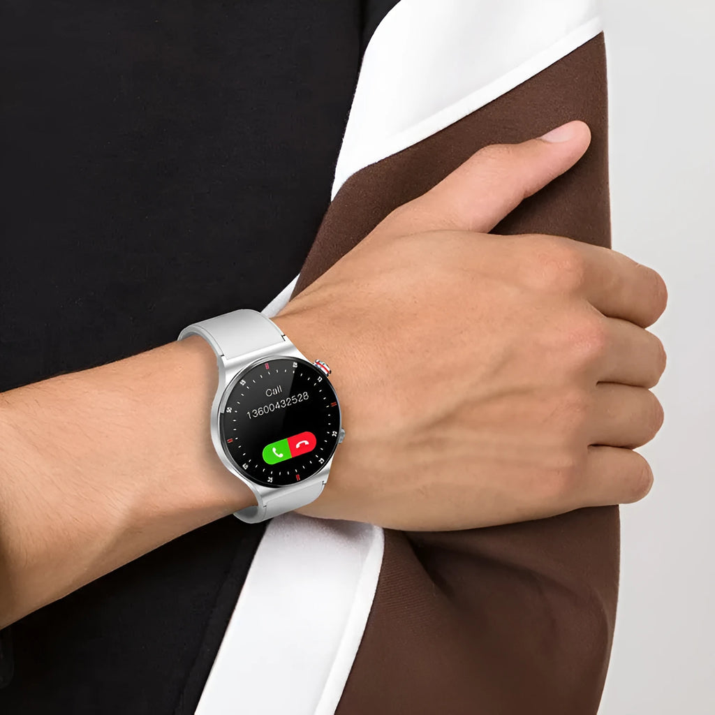 Black smartwatch with silicone band showing call notification on 1.28 inch screen