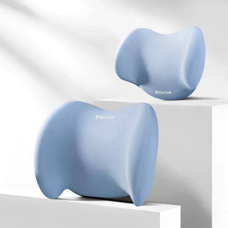 Gray memory foam headrest and lumbar support pillows for car seats with all-cotton covers and elastic straps.