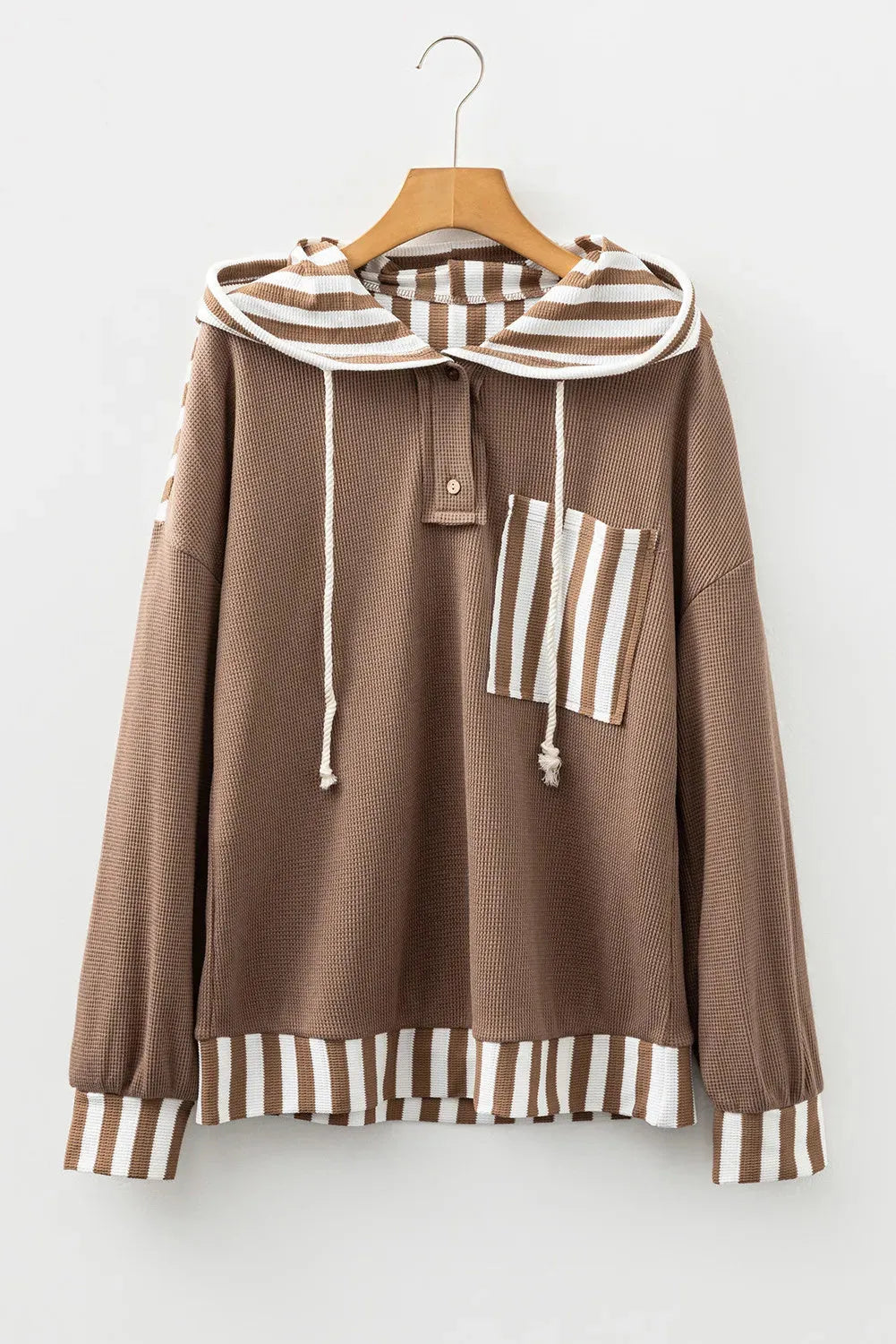Straw yellow waffle texture striped patchwork hoodie with button neck and drawstring hood