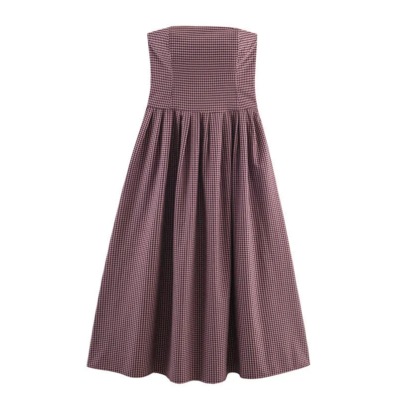 Women's plaid tube top dress with asymmetric pleated skirt, sling style, long sleeves, polyester fabric