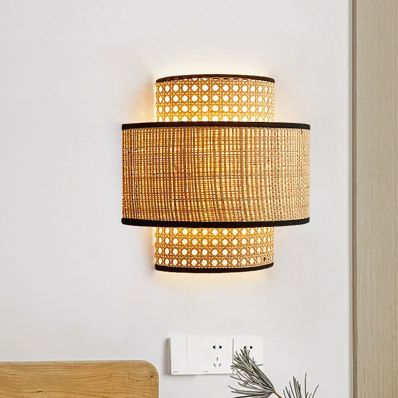Retro rattan wall bedside lamp, 25cm diameter and 24cm height, LED 3000K, concealed wall installation