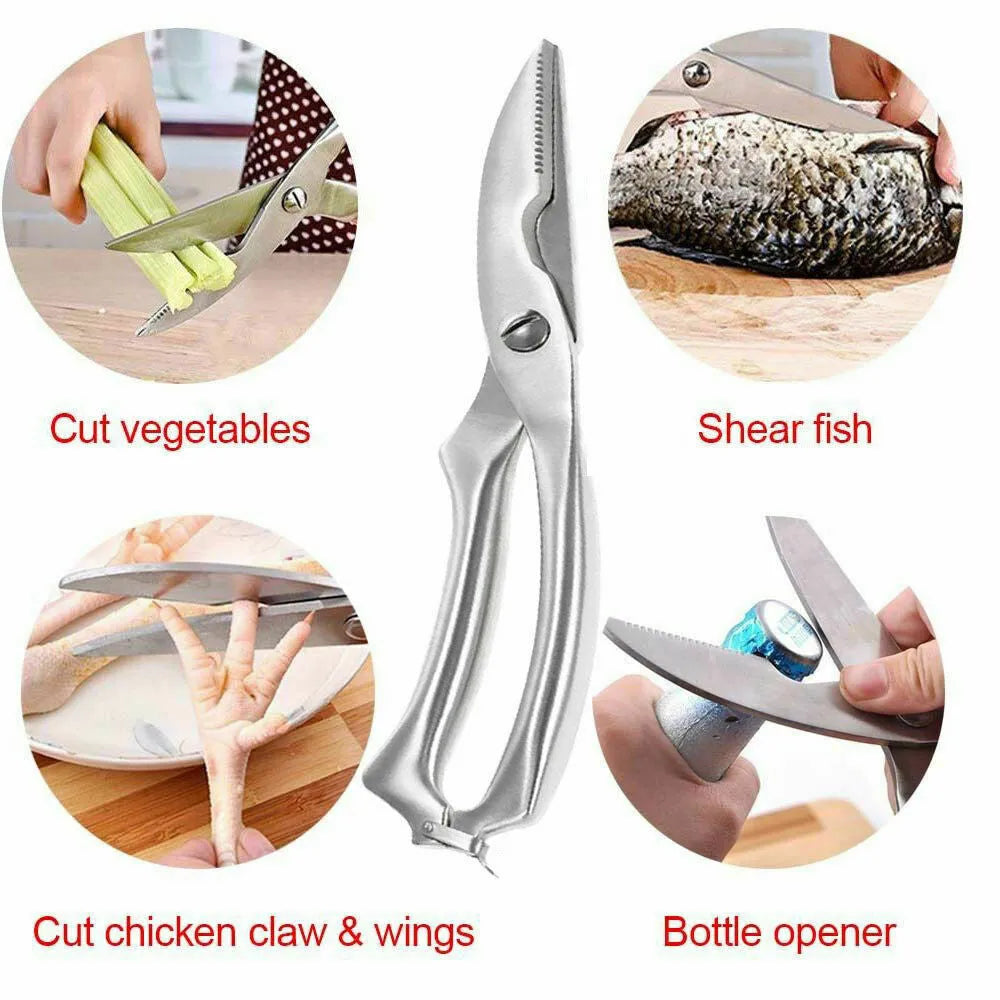 Silver stainless steel poultry shears 9.8 inch with serrated blade and bone notch on cutting board