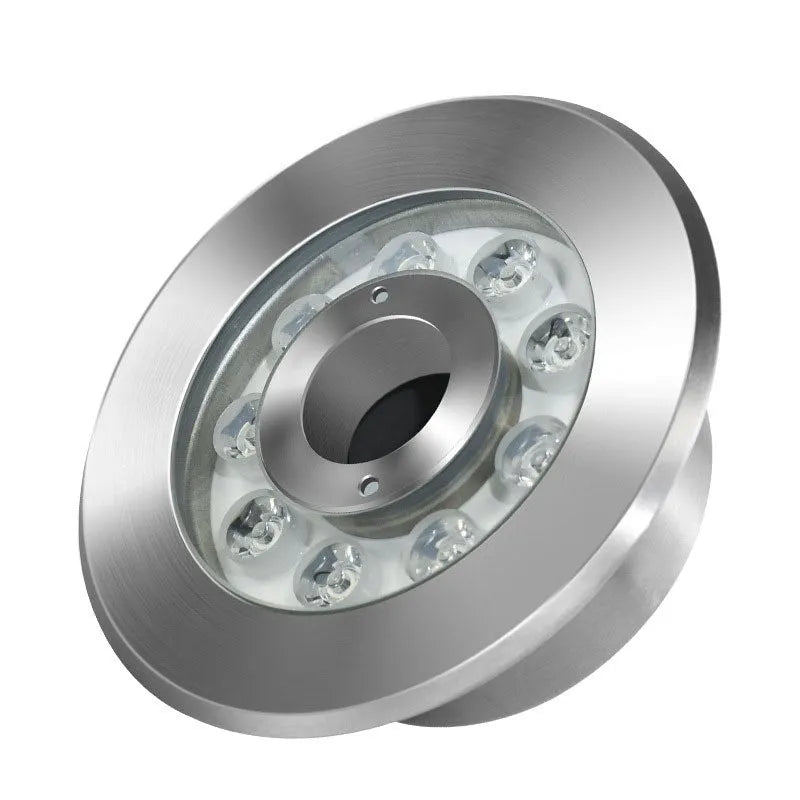 Aluminium alloy 12W underwater garden lamp showing warm white, pure white, and RGB lighting options