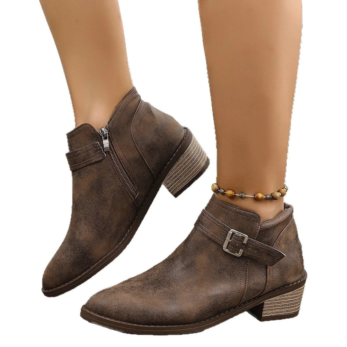 Autumn pointed female boots with chunky heel and belt buckle detail in black