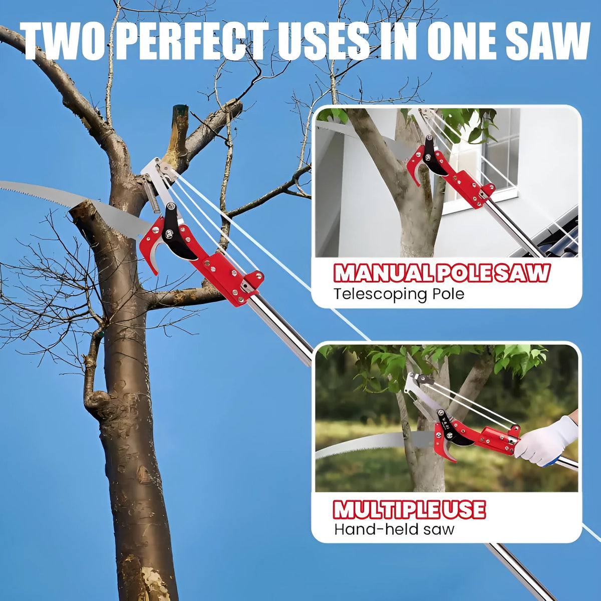 Pull rope pruning shears with 8-section assembly extended to 3.3 metres for high branch cutting