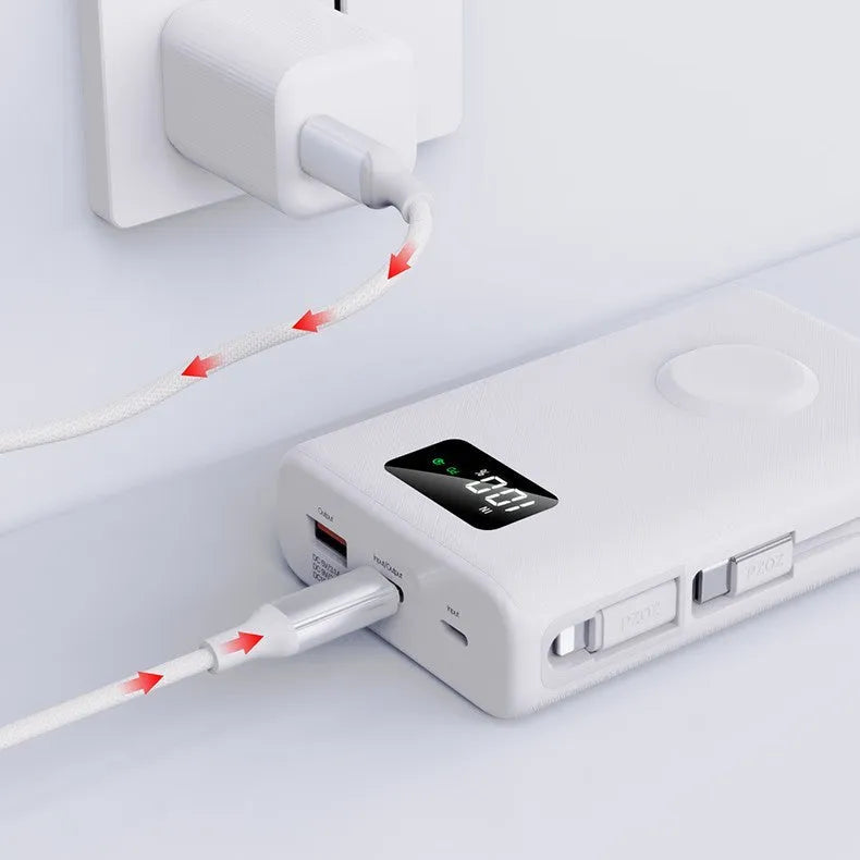 White and black 20000mAh 7-in-1 wireless charger with power bank bracket showing display screen and charging ports