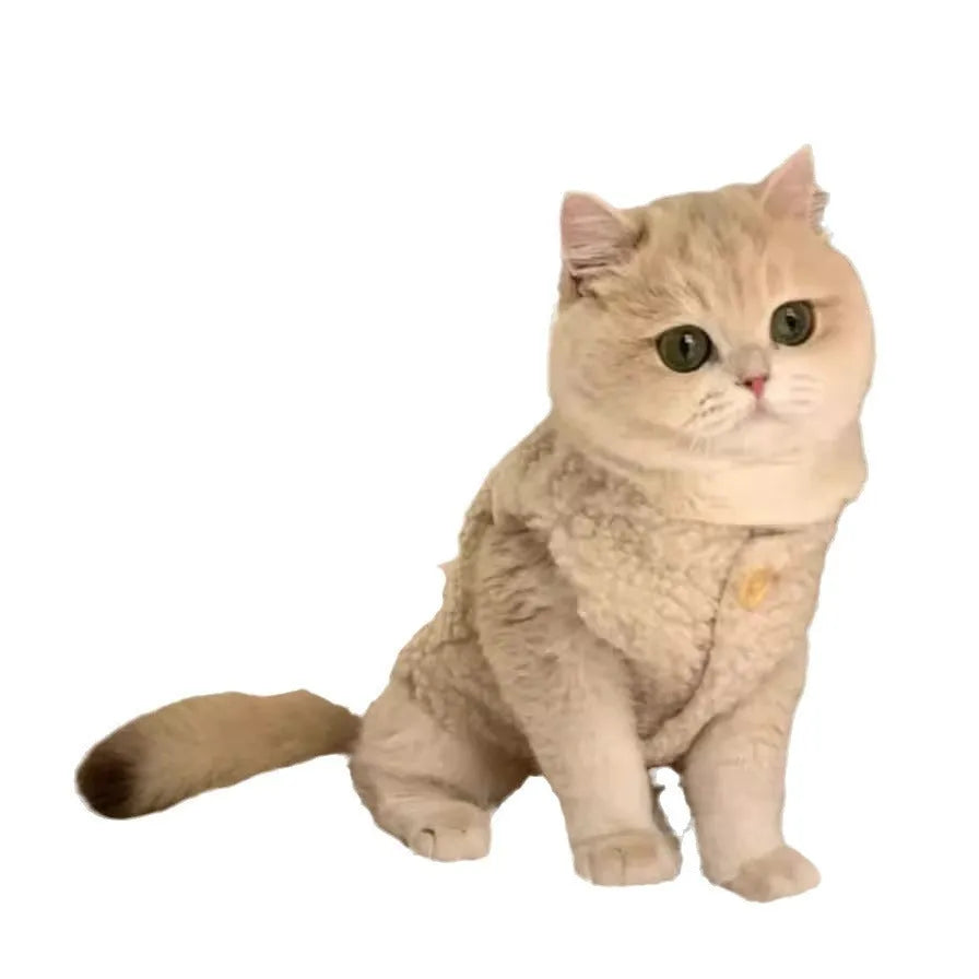 Apricot polar fleece cat winter vest shown on feline model with size chart
