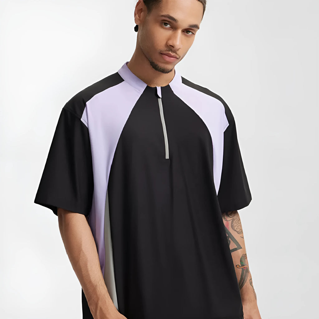 Men's lightweight polyester shirt in black and beige colours showing both long sleeve and short sleeve versions