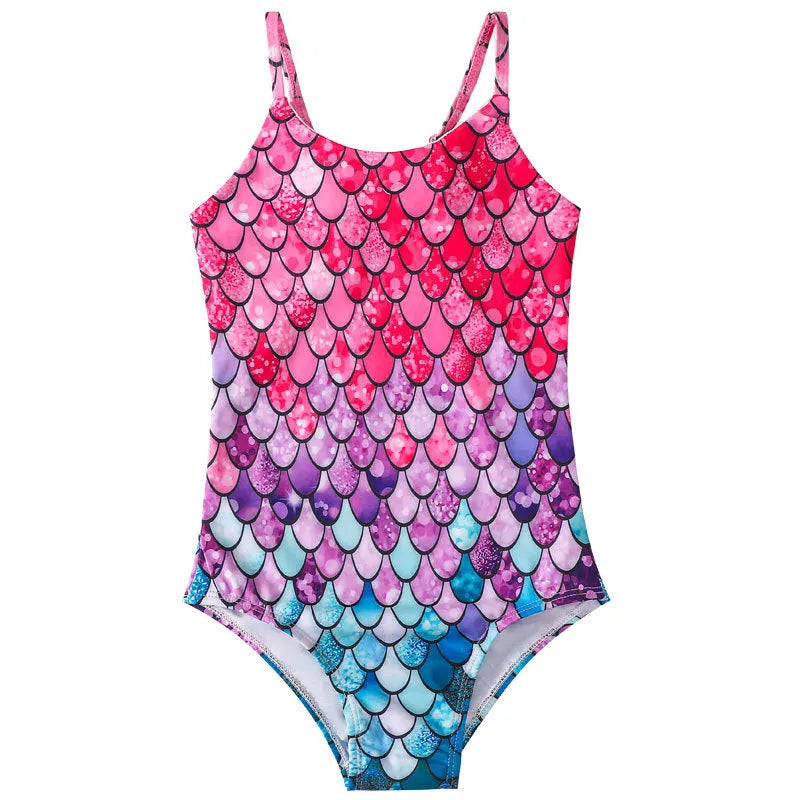 Girls' mermaid pattern one-piece swimsuit in briefs style for swimming and wading activities