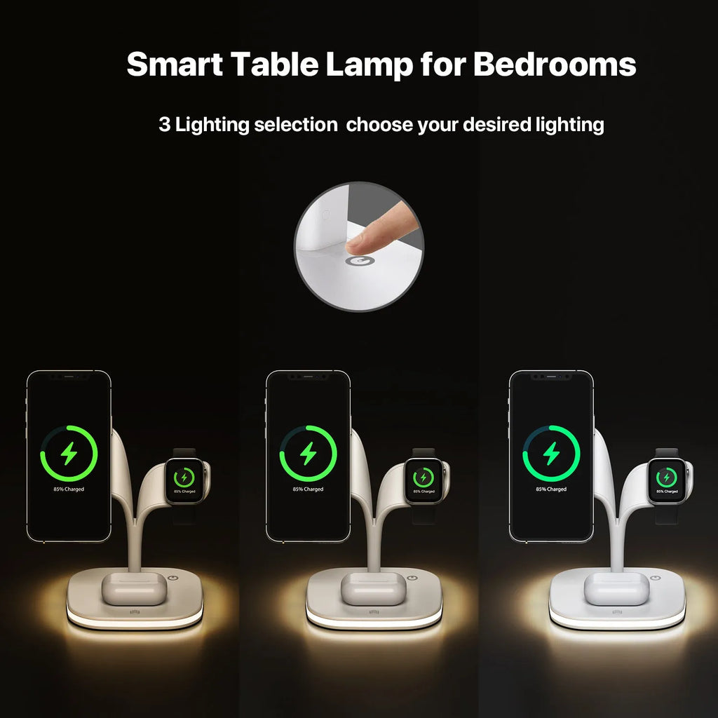 Black wireless charging station on desk with phone, watch, and headphones charging simultaneously