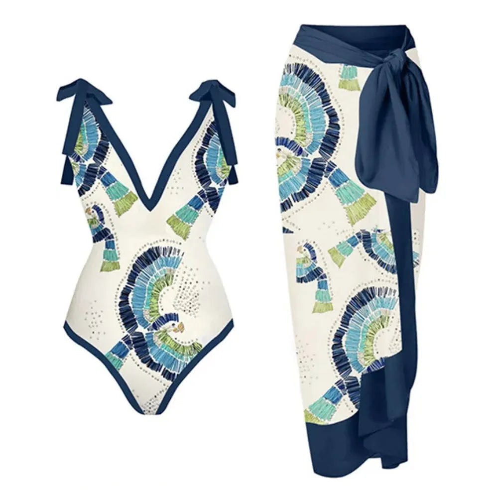 French retro one-piece swimsuit with matching gauze skirt in blue colour