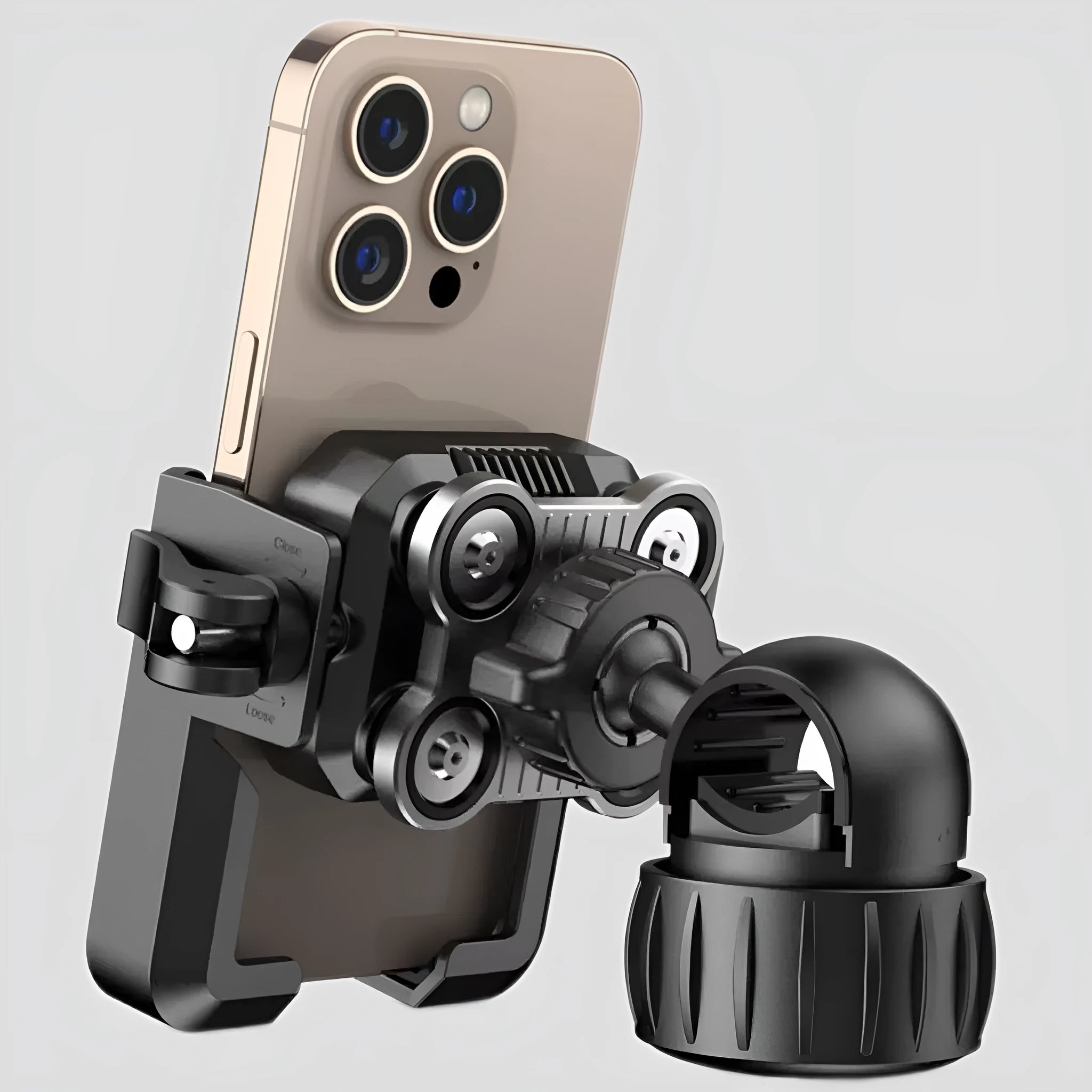 Black aluminium alloy motorcycle phone navigation bracket mounted on handlebars