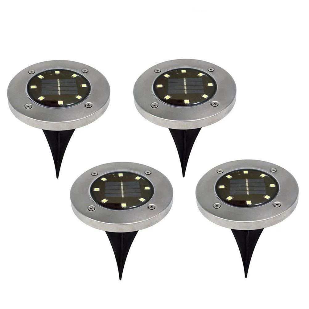 Set of 4 stainless steel and PP solar underground lights with 8 LEDs, 12x12x13cm, for garden paths