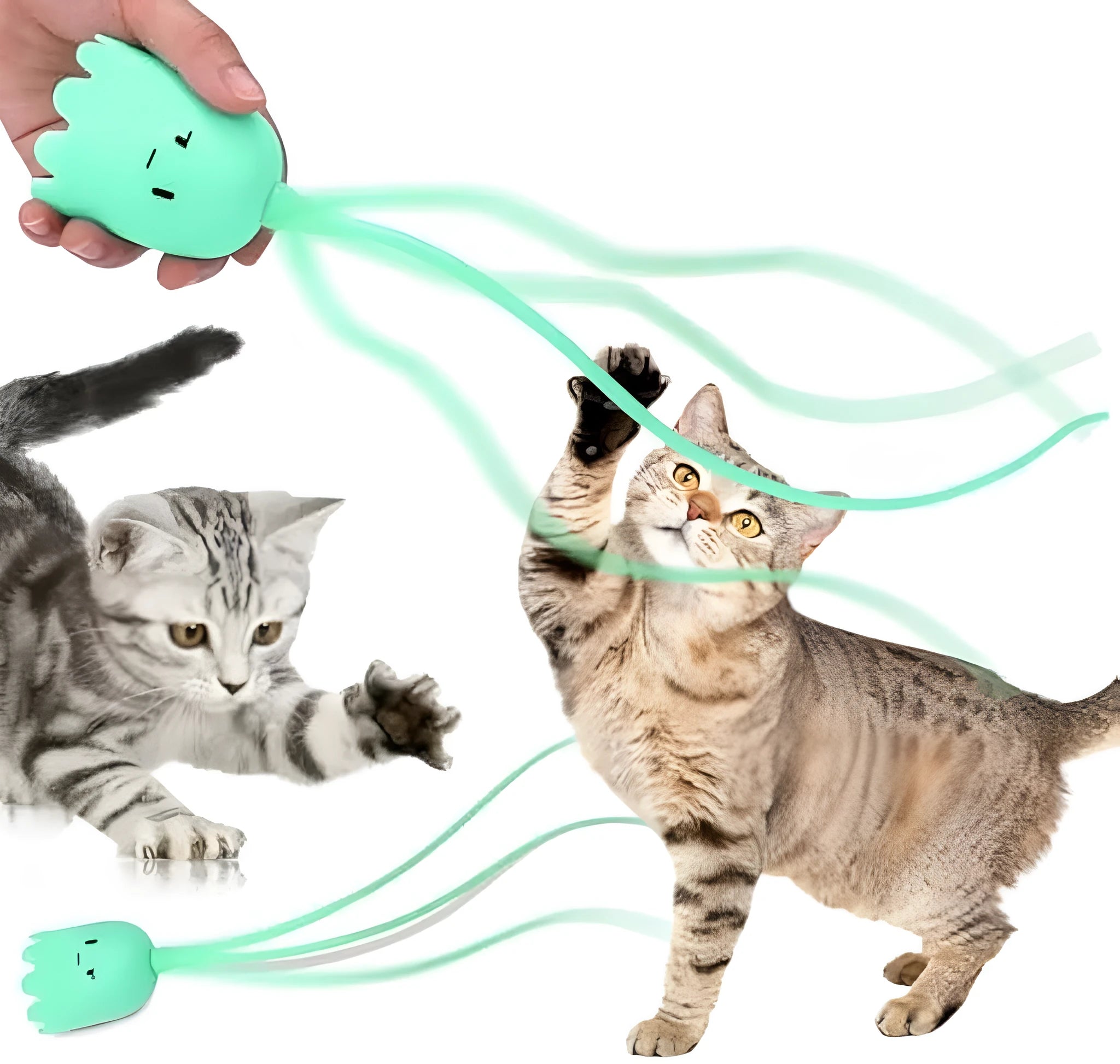 Electronic cat wand toy with swinging silicone tails, green colour option, 38cm length
