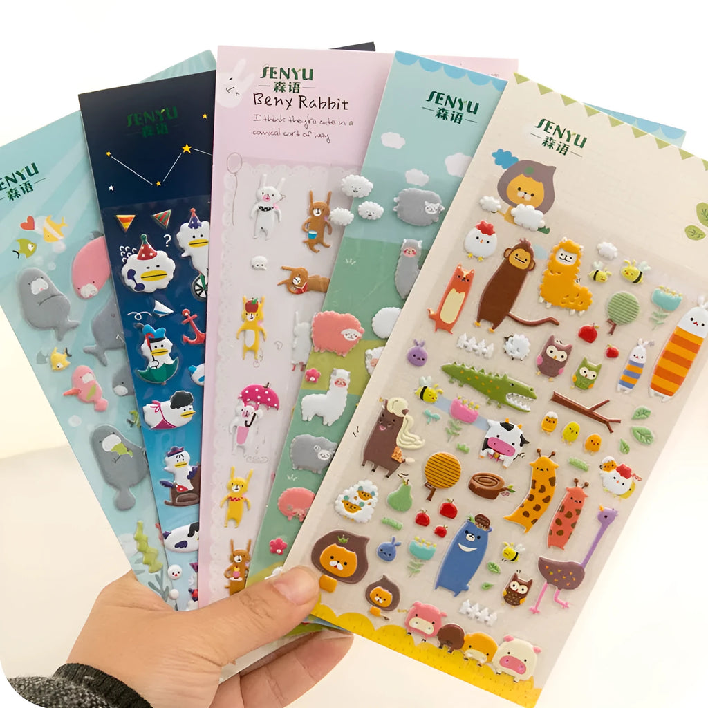 Cartoon three-dimensional bubble sticker set showing alpaca, forest animal and love theme designs for hand account decoration