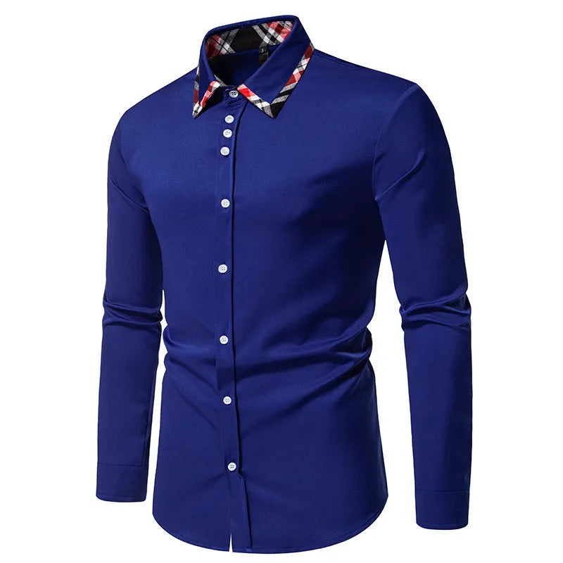 Men's plaid long sleeve shirt with triangle collar in black, blue, or white.